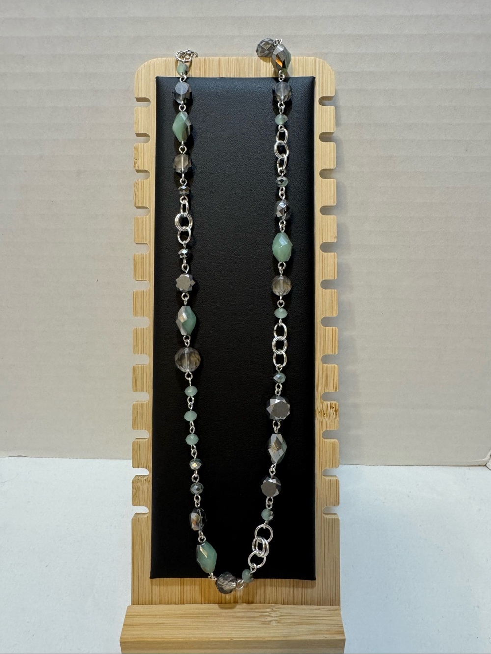 Silver Chain Necklace with Green and Smoky Beads